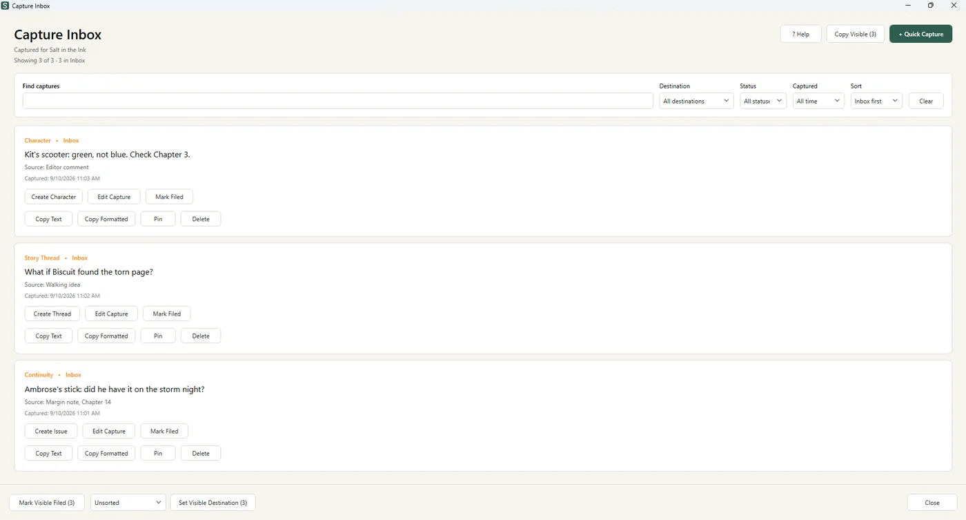 StoryLedger capture inbox with ideas waiting to be filed