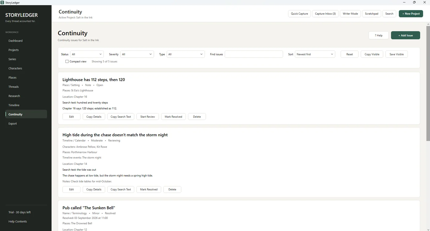 StoryLedger continuity issues list with severity, status and linked characters and places