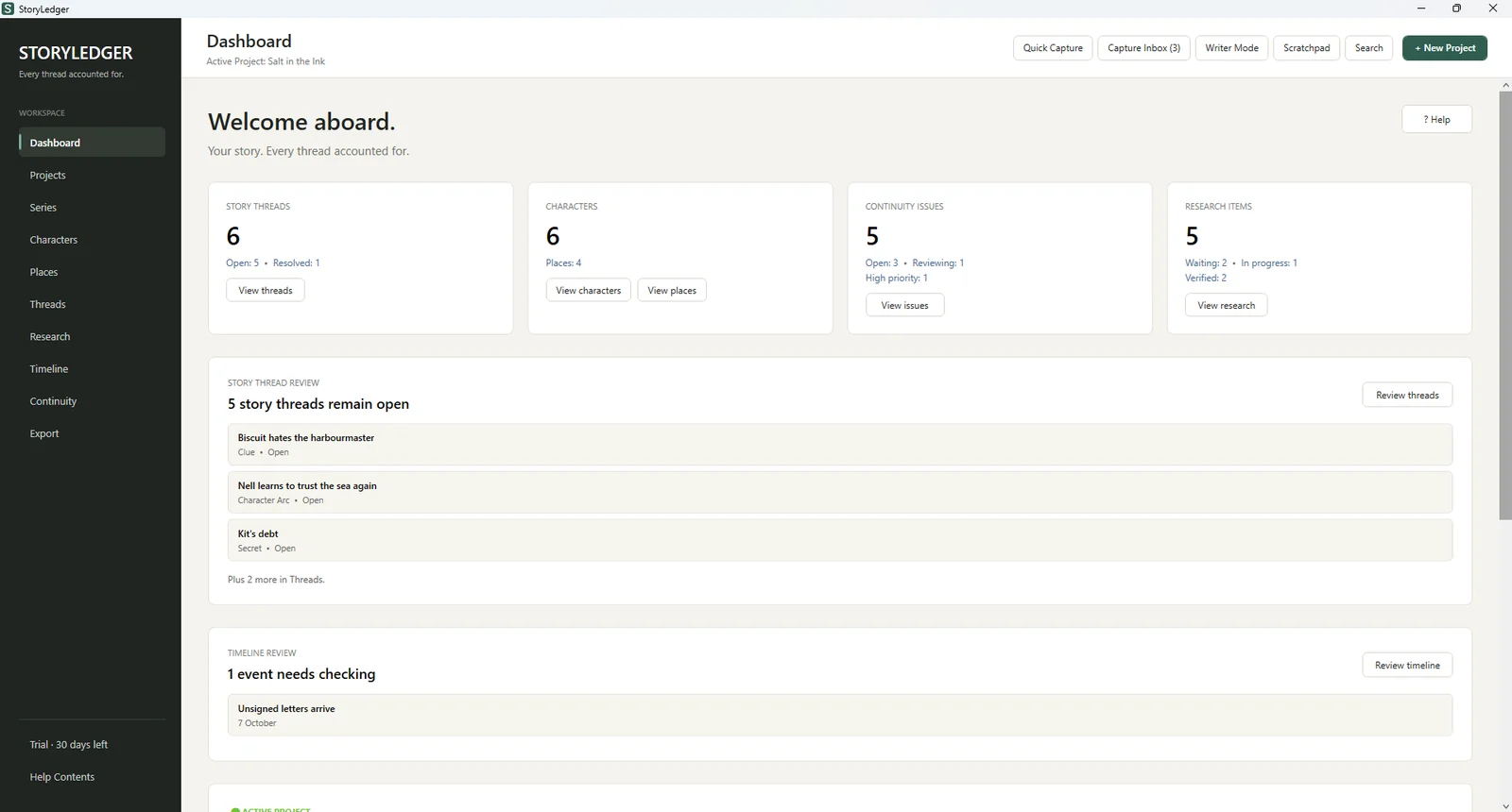 The StoryLedger dashboard showing story threads, characters, continuity issues and research for a sample mystery novel