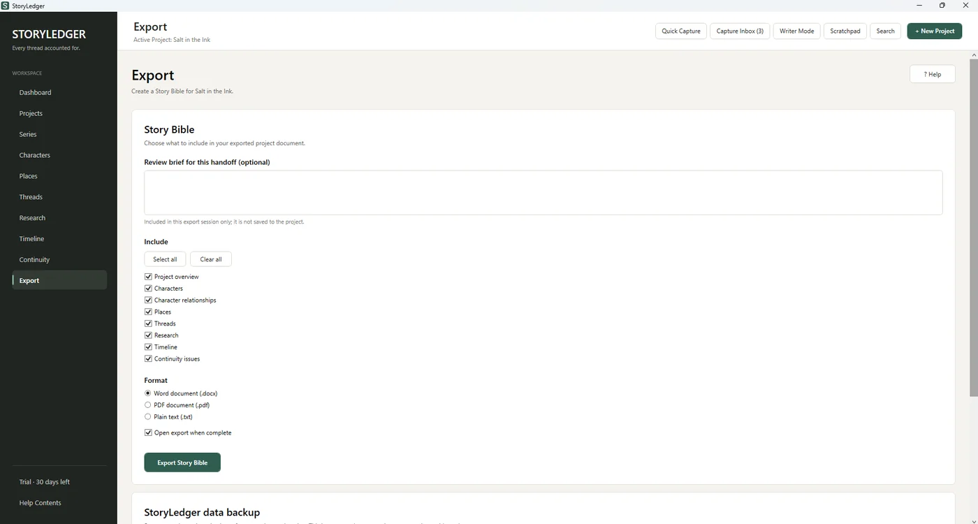 StoryLedger export page for creating a Story Bible in Word, PDF or text