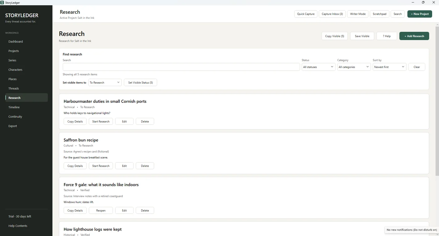 StoryLedger research items with categories, sources and status
