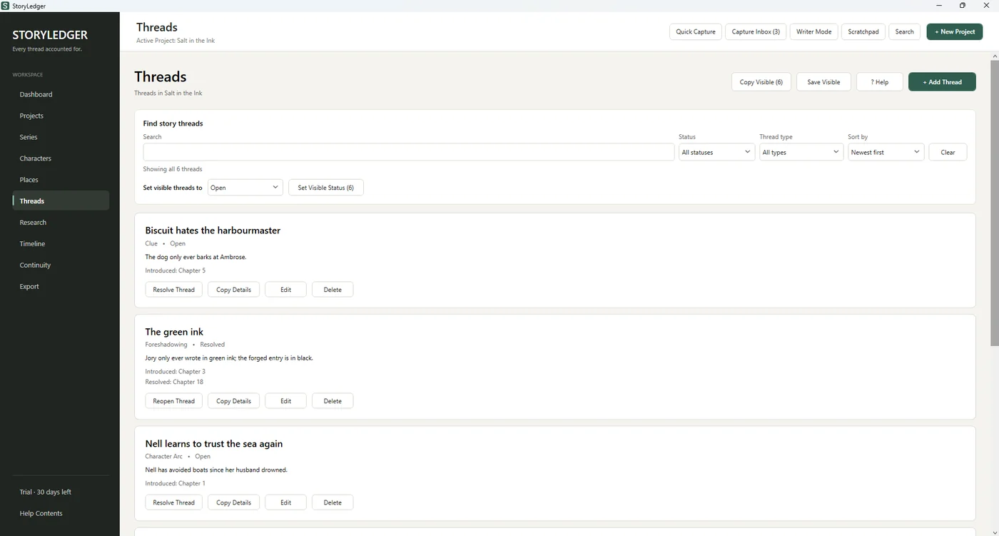 StoryLedger story threads with type, status and where each was introduced